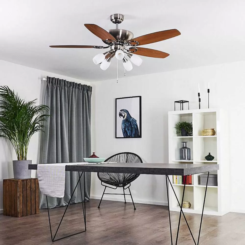 hofstein Ventilateur De Plafond Irving Chrome, Gris, Bois Clair, 5 Lumieres