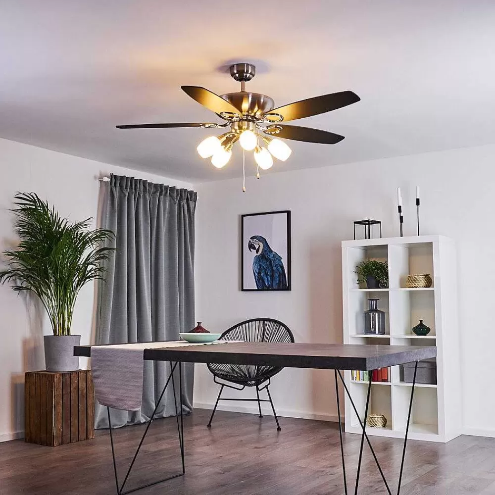hofstein Ventilateur De Plafond Irving Chrome, Gris, Bois Clair, 5 Lumieres