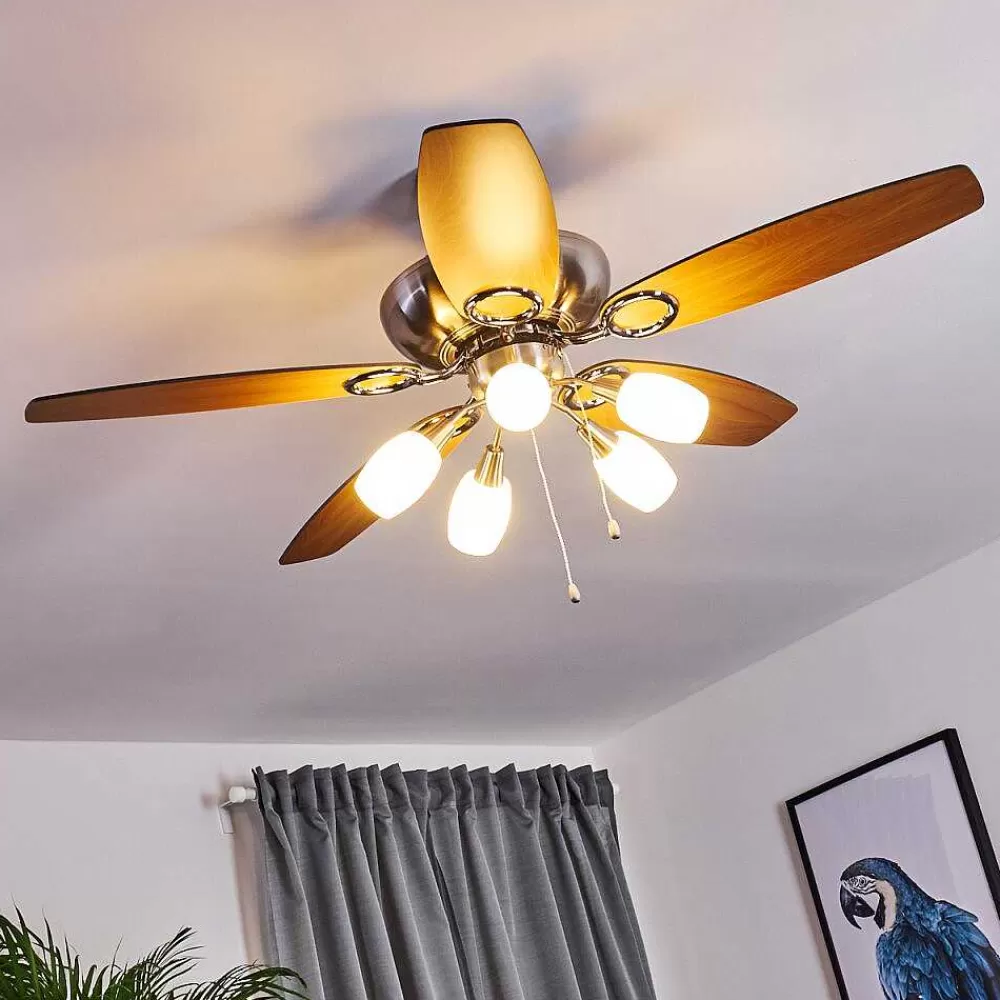 hofstein Ventilateur De Plafond Irving Chrome, Gris, Bois Clair, 5 Lumieres