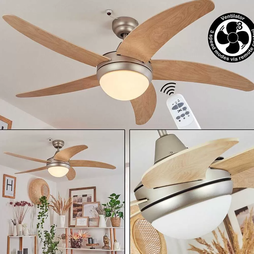 hofstein Ventilateur De Plafond Morino Ecru, Nickel Mat, 2 Lumieres, Telecommandes