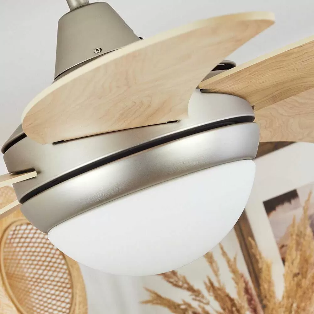hofstein Ventilateur De Plafond Morino Ecru, Nickel Mat, 2 Lumieres, Telecommandes