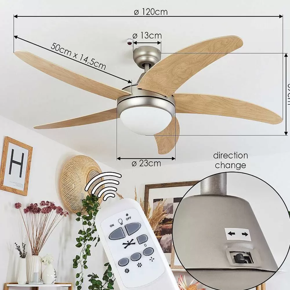 hofstein Ventilateur De Plafond Morino Ecru, Nickel Mat, 2 Lumieres, Telecommandes