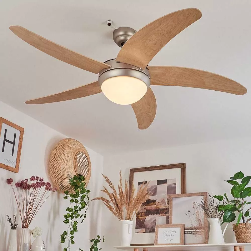 hofstein Ventilateur De Plafond Morino Ecru, Nickel Mat, 2 Lumieres, Telecommandes