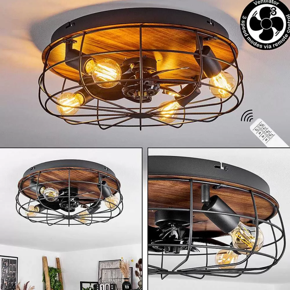 hofstein Ventilateur De Plafond Moscavide Brun, Couleur Bois, Noir, 4 Lumieres, Telecommandes