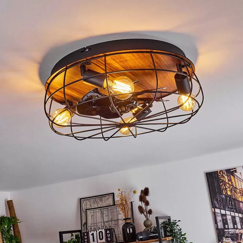 hofstein Ventilateur De Plafond Moscavide Brun, Couleur Bois, Noir, 4 Lumieres, Telecommandes