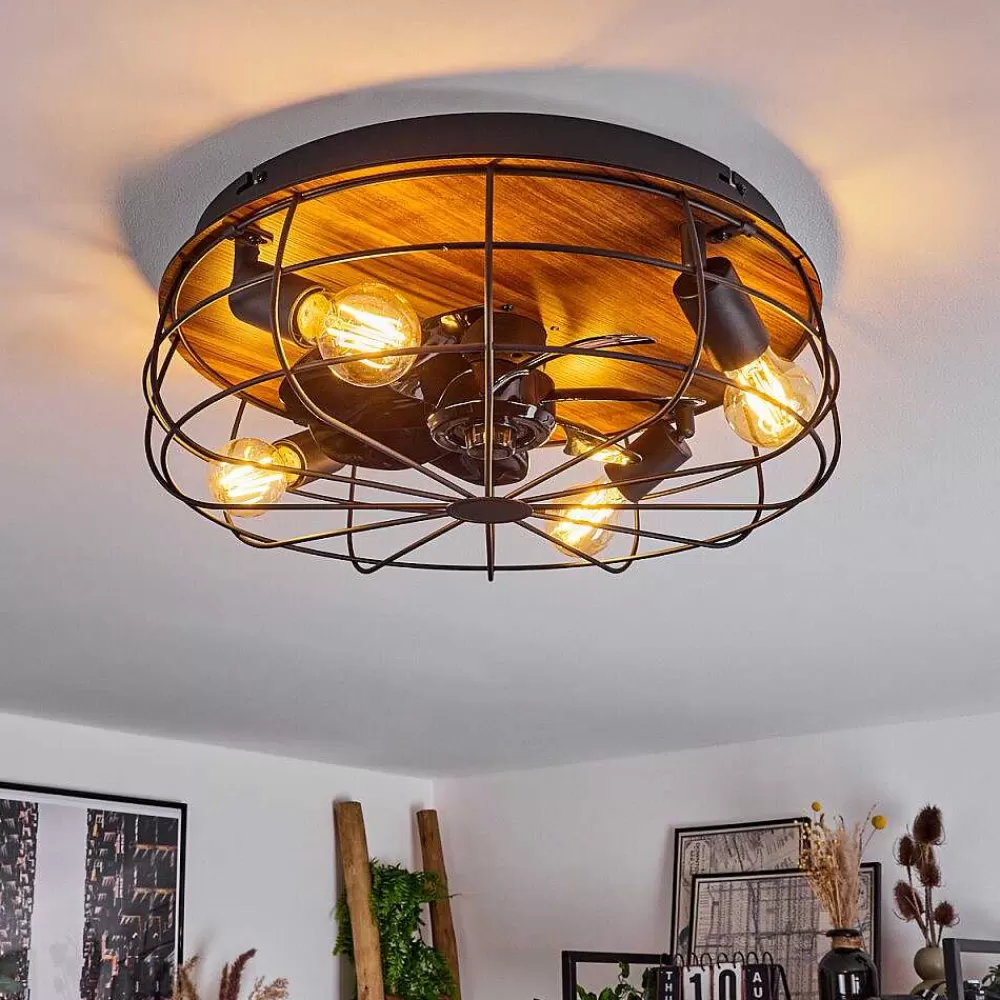 hofstein Ventilateur De Plafond Moscavide Brun, Couleur Bois, Noir, 4 Lumieres, Telecommandes