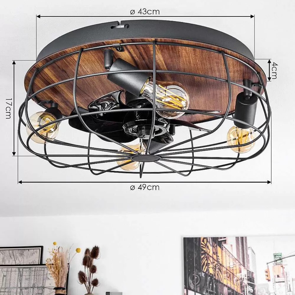 hofstein Ventilateur De Plafond Moscavide Brun, Couleur Bois, Noir, 4 Lumieres, Telecommandes