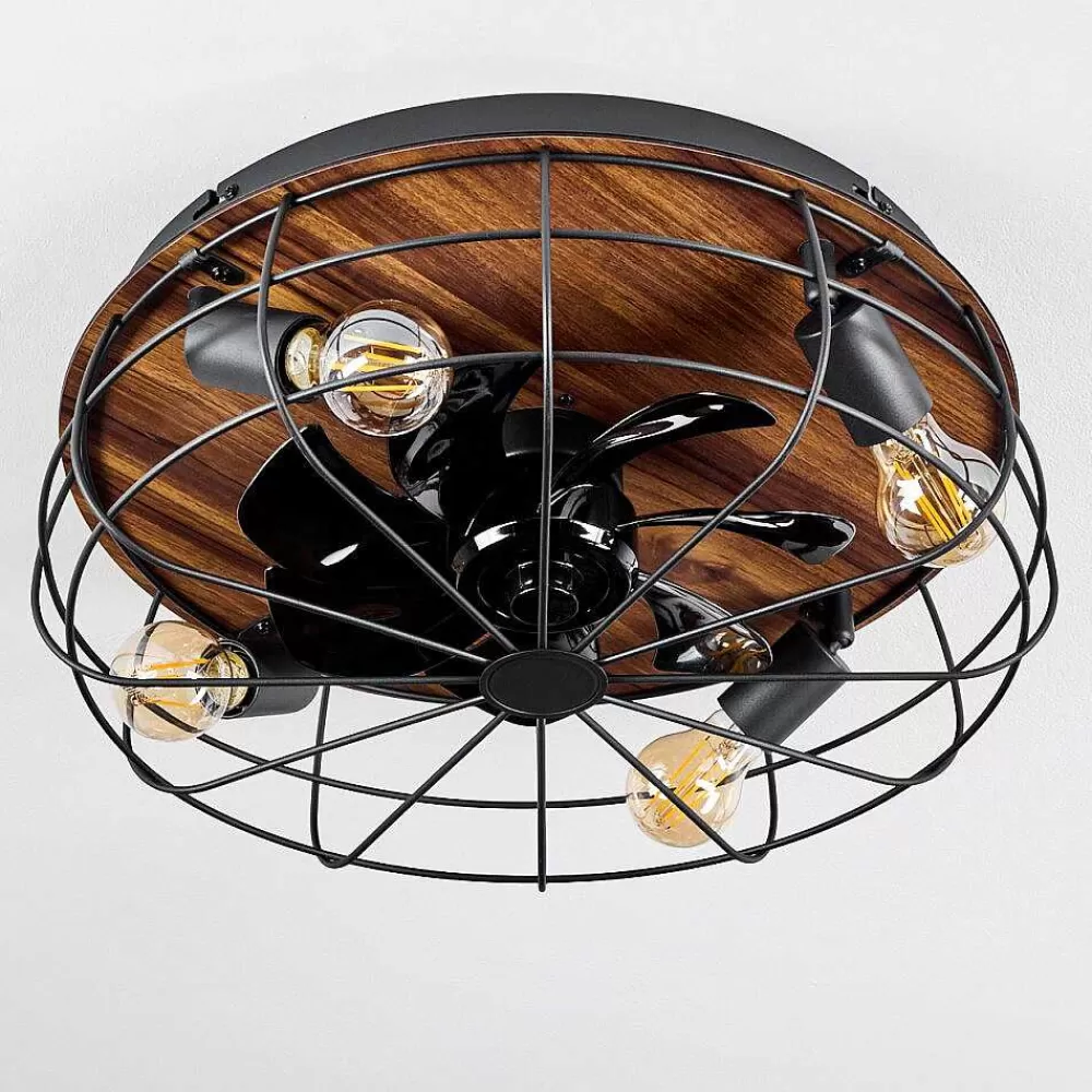 hofstein Ventilateur De Plafond Moscavide Brun, Couleur Bois, Noir, 4 Lumieres, Telecommandes