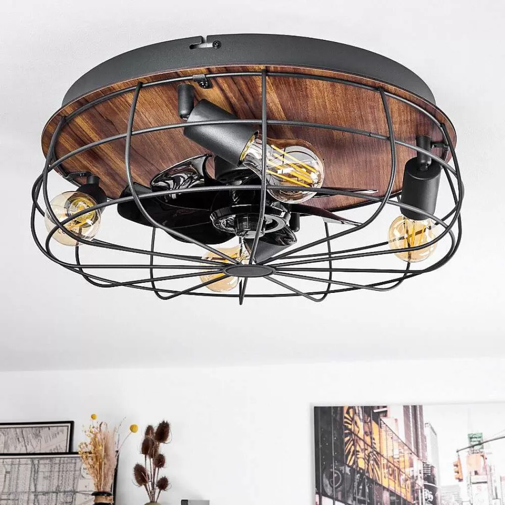 hofstein Ventilateur De Plafond Moscavide Brun, Couleur Bois, Noir, 4 Lumieres, Telecommandes