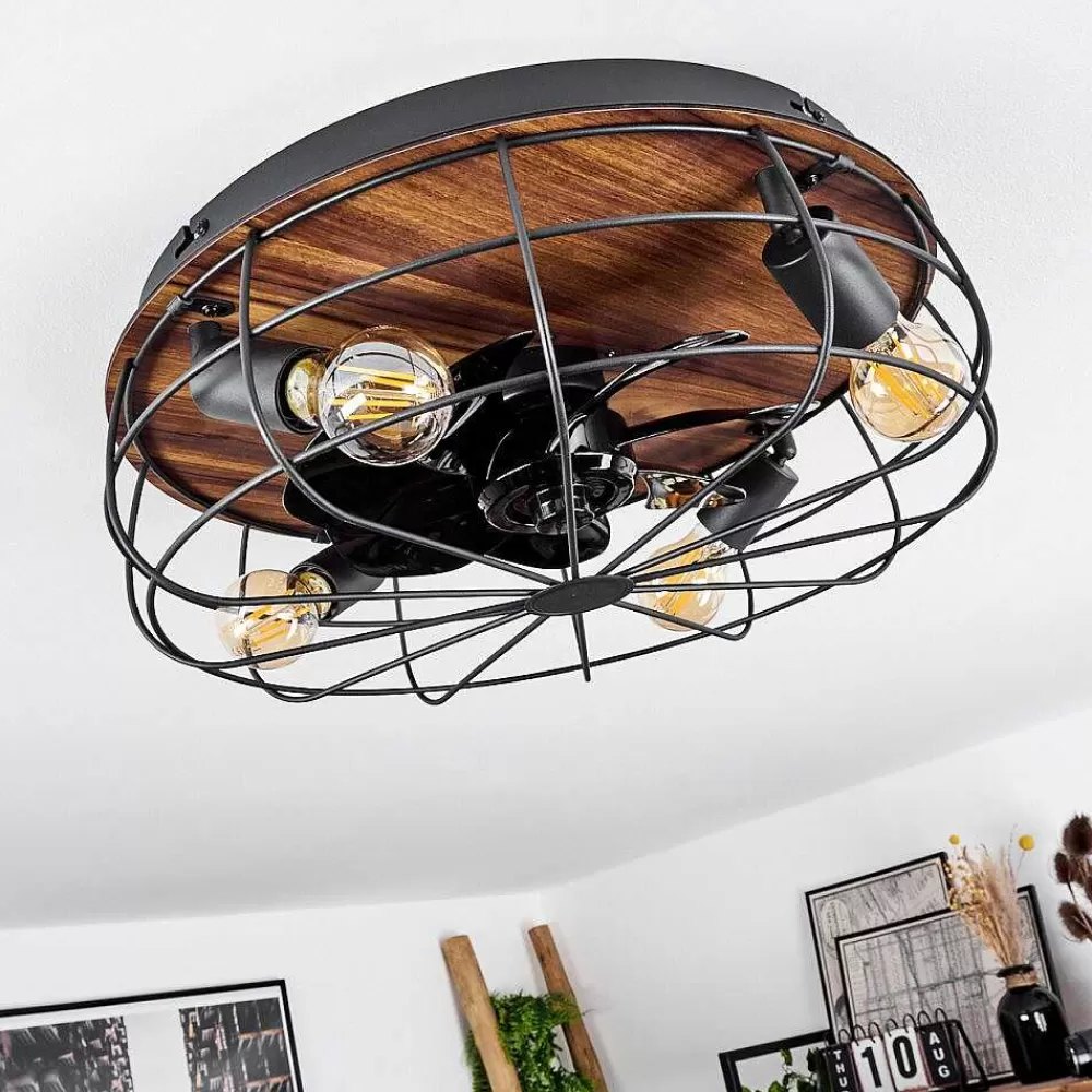 hofstein Ventilateur De Plafond Moscavide Brun, Couleur Bois, Noir, 4 Lumieres, Telecommandes