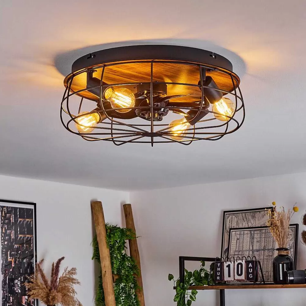 hofstein Ventilateur De Plafond Moscavide Brun, Couleur Bois, Noir, 4 Lumieres, Telecommandes