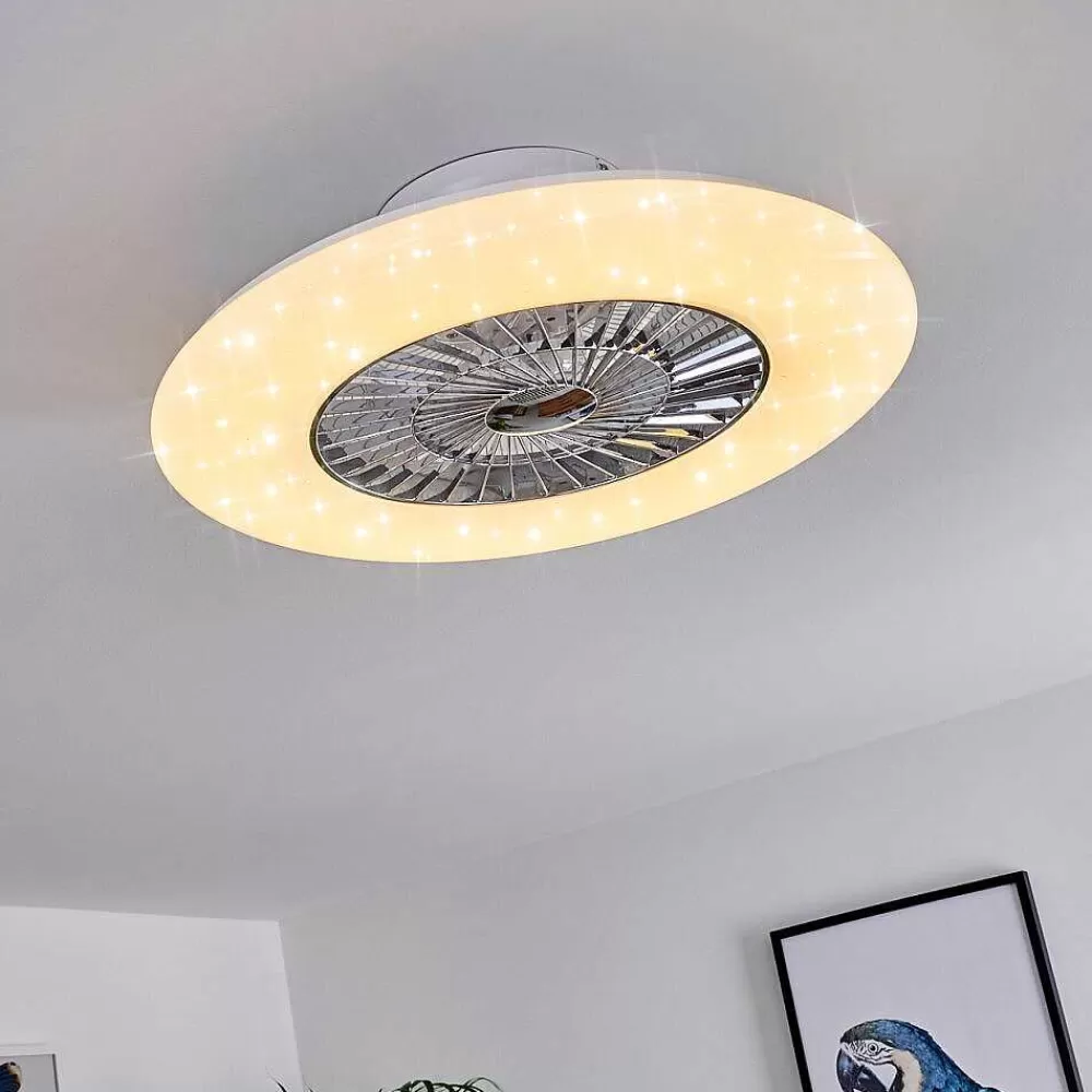 hofstein Ventilateur De Plafond Petrovac Led Chrome, Blanc, 1 Lumiere, Telecommandes