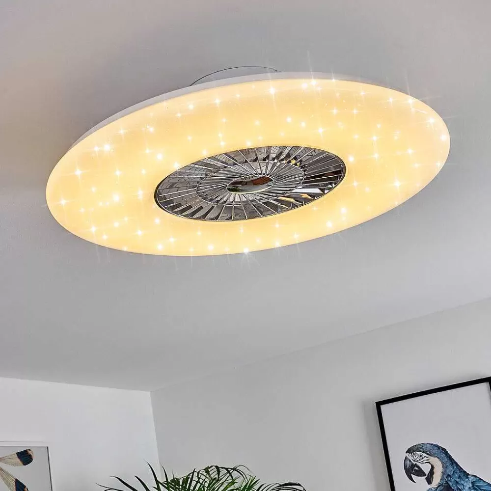 hofstein Ventilateur De Plafond Petrovac Led Chrome, Blanc, 1 Lumiere, Telecommandes