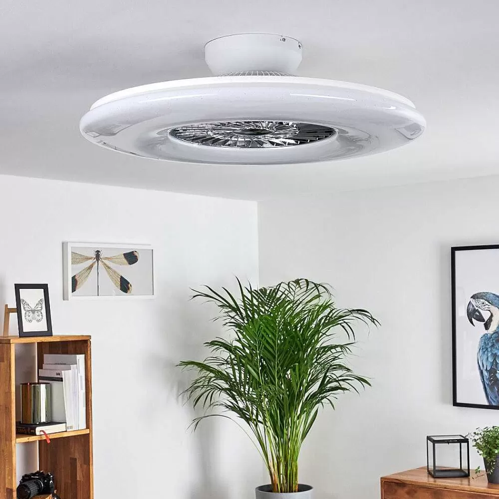 hofstein Ventilateur De Plafond Petrovac Led Chrome, Blanc, 1 Lumiere, Telecommandes