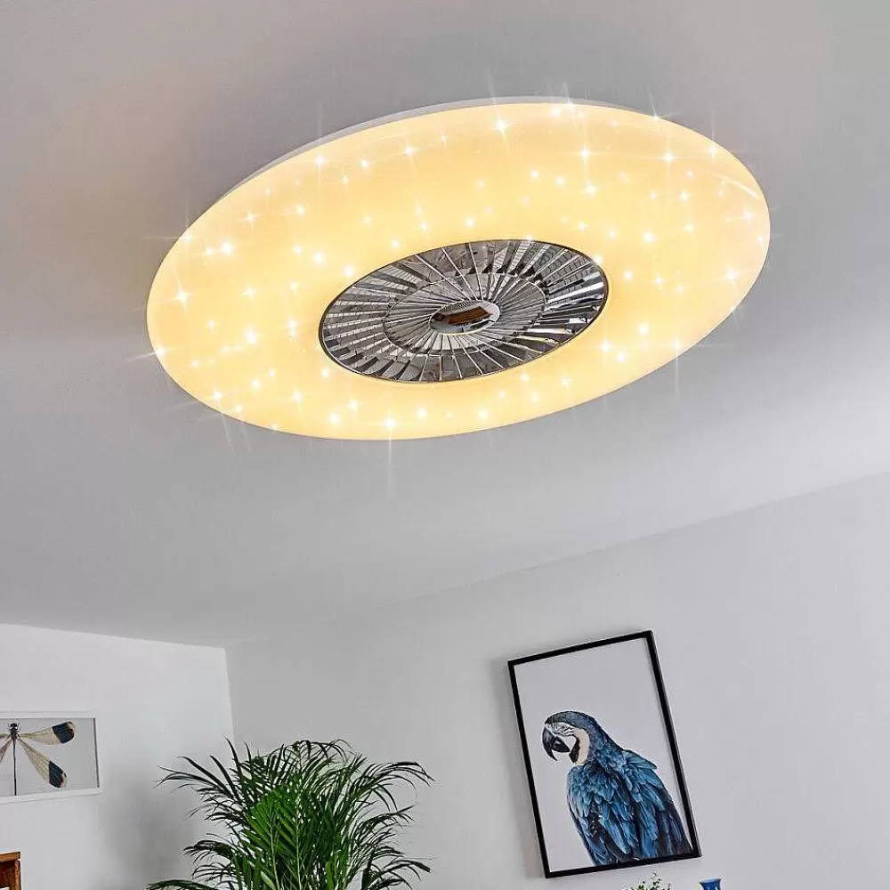 hofstein Ventilateur De Plafond Petrovac Led Chrome, Blanc, 1 Lumiere, Telecommandes