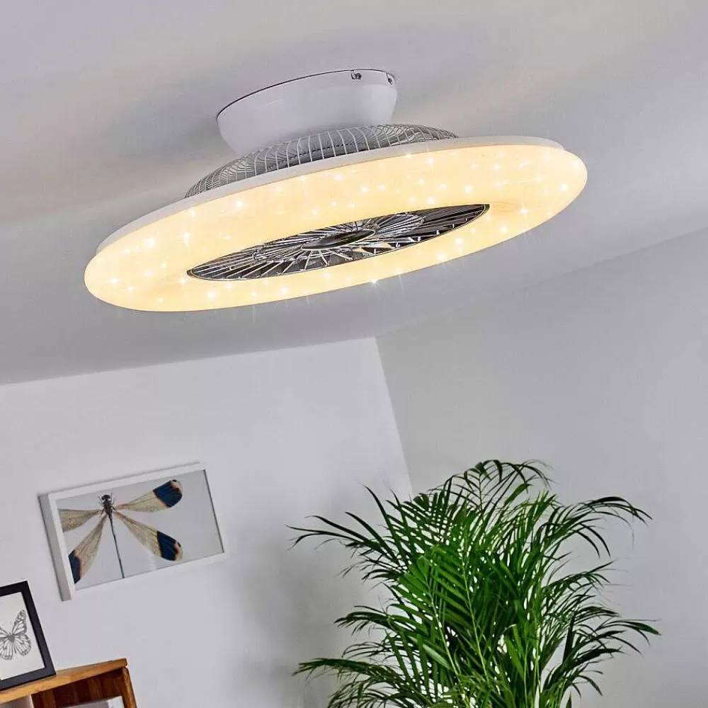 hofstein Ventilateur De Plafond Petrovac Led Chrome, Blanc, 1 Lumiere, Telecommandes