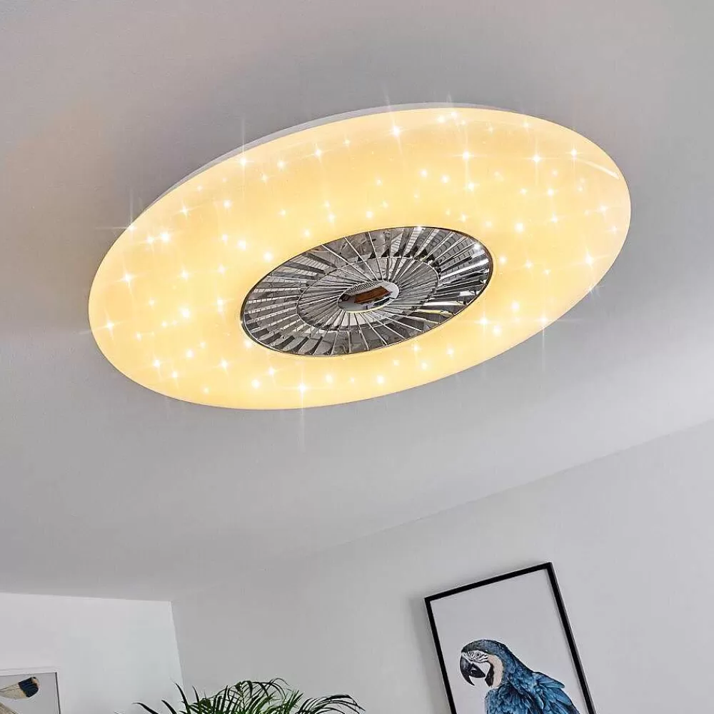hofstein Ventilateur De Plafond Petrovac Led Chrome, Blanc, 1 Lumiere, Telecommandes