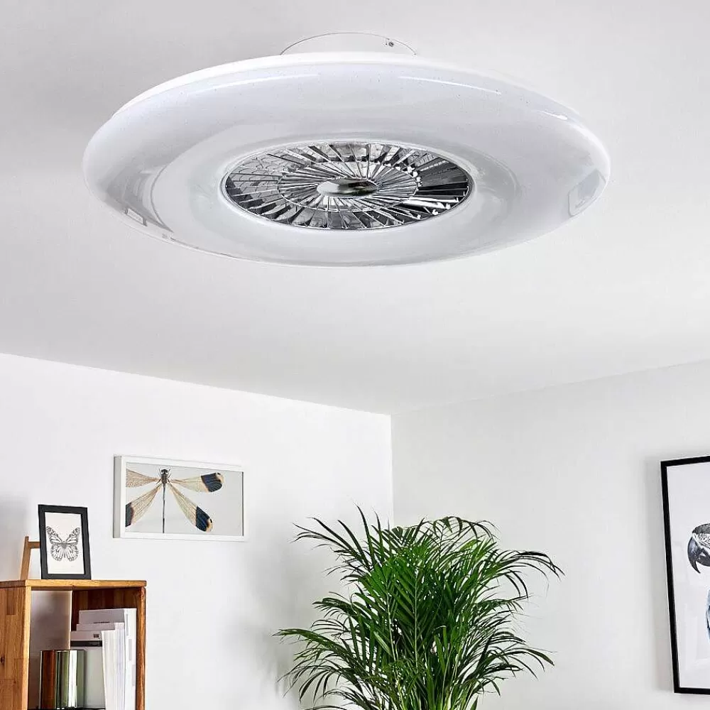 hofstein Ventilateur De Plafond Petrovac Led Chrome, Blanc, 1 Lumiere, Telecommandes