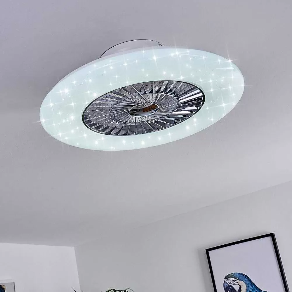 hofstein Ventilateur De Plafond Petrovac Led Chrome, Blanc, 1 Lumiere, Telecommandes