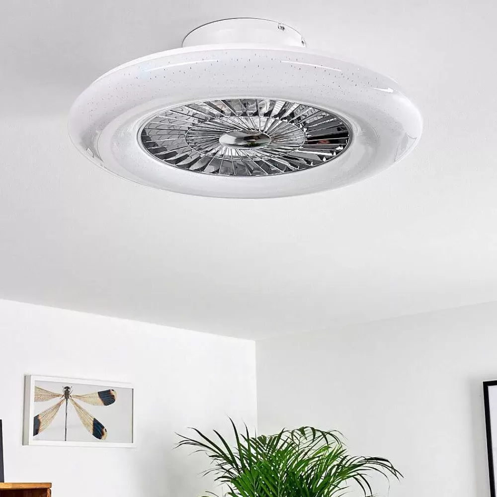 hofstein Ventilateur De Plafond Petrovac Led Chrome, Blanc, 1 Lumiere, Telecommandes