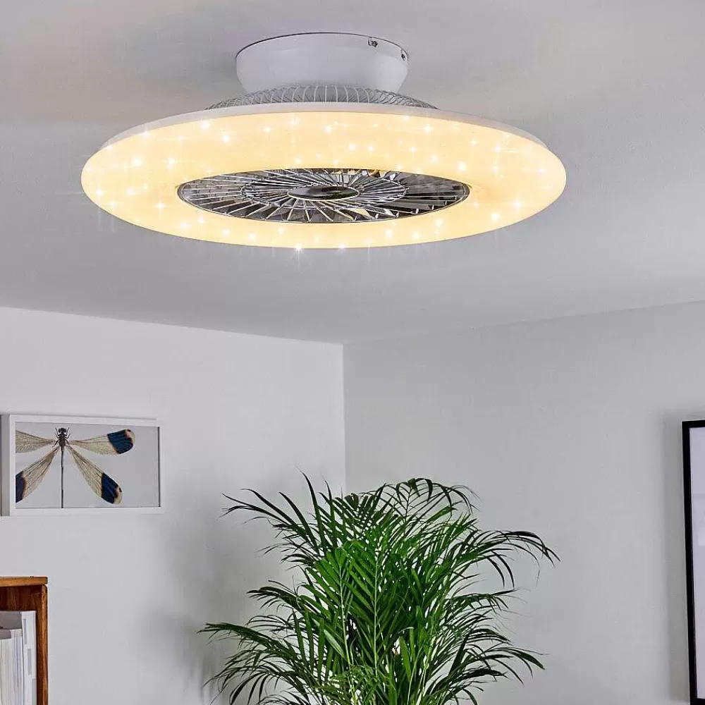 hofstein Ventilateur De Plafond Petrovac Led Chrome, Blanc, 1 Lumiere, Telecommandes