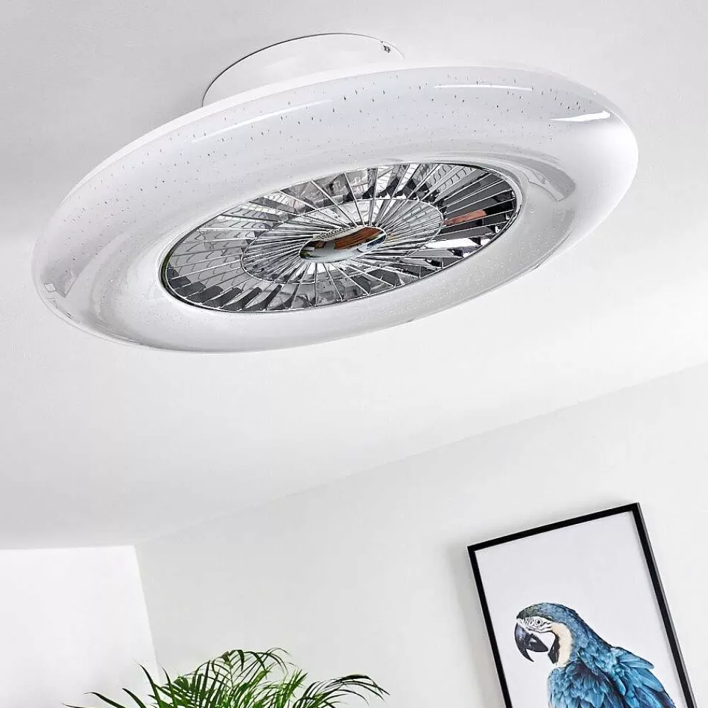 hofstein Ventilateur De Plafond Petrovac Led Chrome, Blanc, 1 Lumiere, Telecommandes