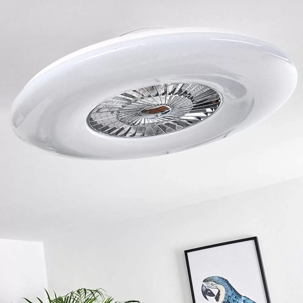 hofstein Ventilateur De Plafond Petrovac Led Chrome, Blanc, 1 Lumiere, Telecommandes