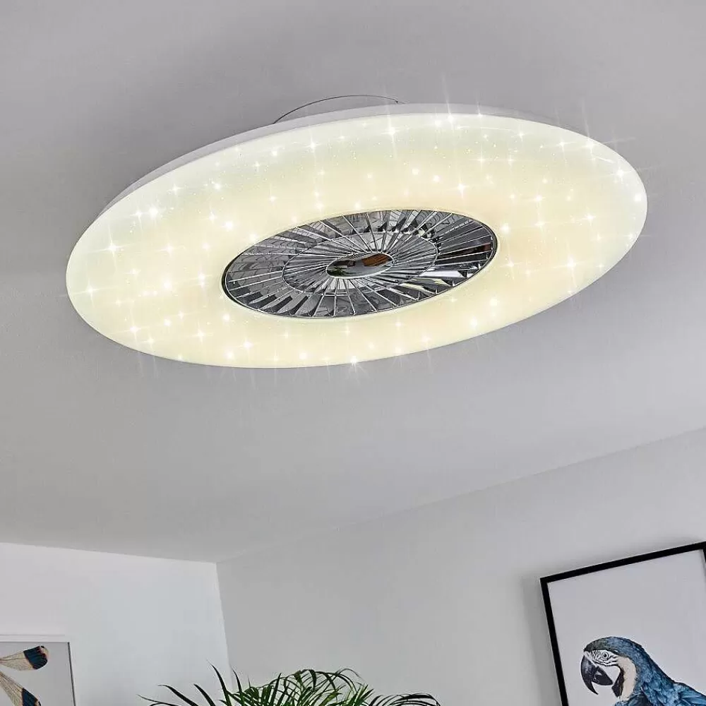 hofstein Ventilateur De Plafond Petrovac Led Chrome, Blanc, 1 Lumiere, Telecommandes