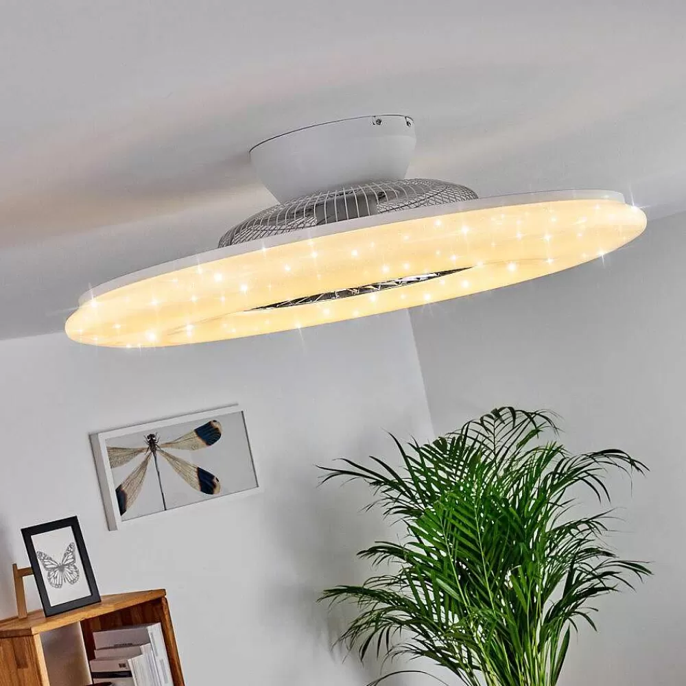 hofstein Ventilateur De Plafond Petrovac Led Chrome, Blanc, 1 Lumiere, Telecommandes