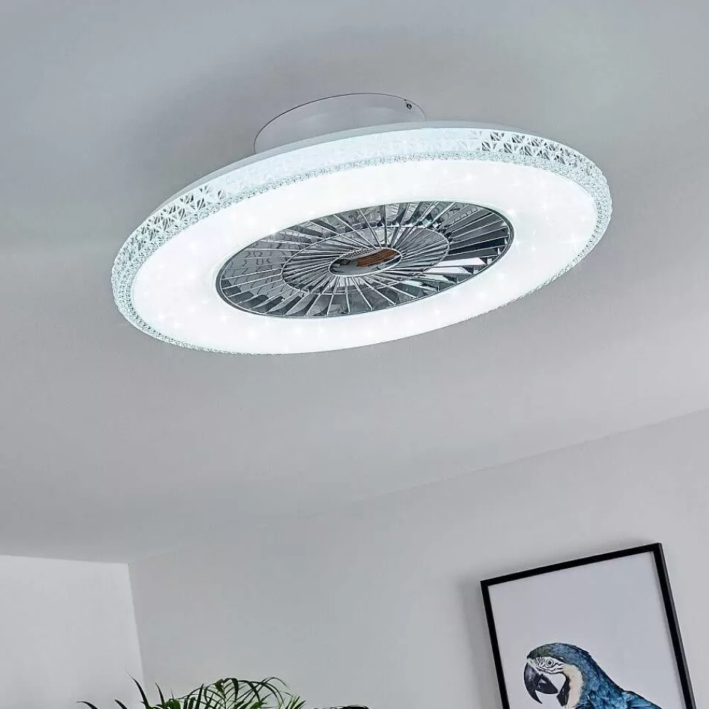hofstein Ventilateur De Plafond Piacenza Led Chrome, Blanc, 1 Lumiere, Telecommandes