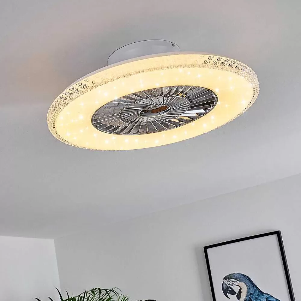 hofstein Ventilateur De Plafond Piacenza Led Chrome, Blanc, 1 Lumiere, Telecommandes