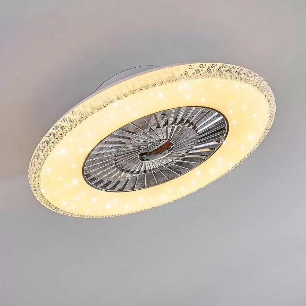 hofstein Ventilateur De Plafond Piacenza Led Chrome, Blanc, 1 Lumiere, Telecommandes