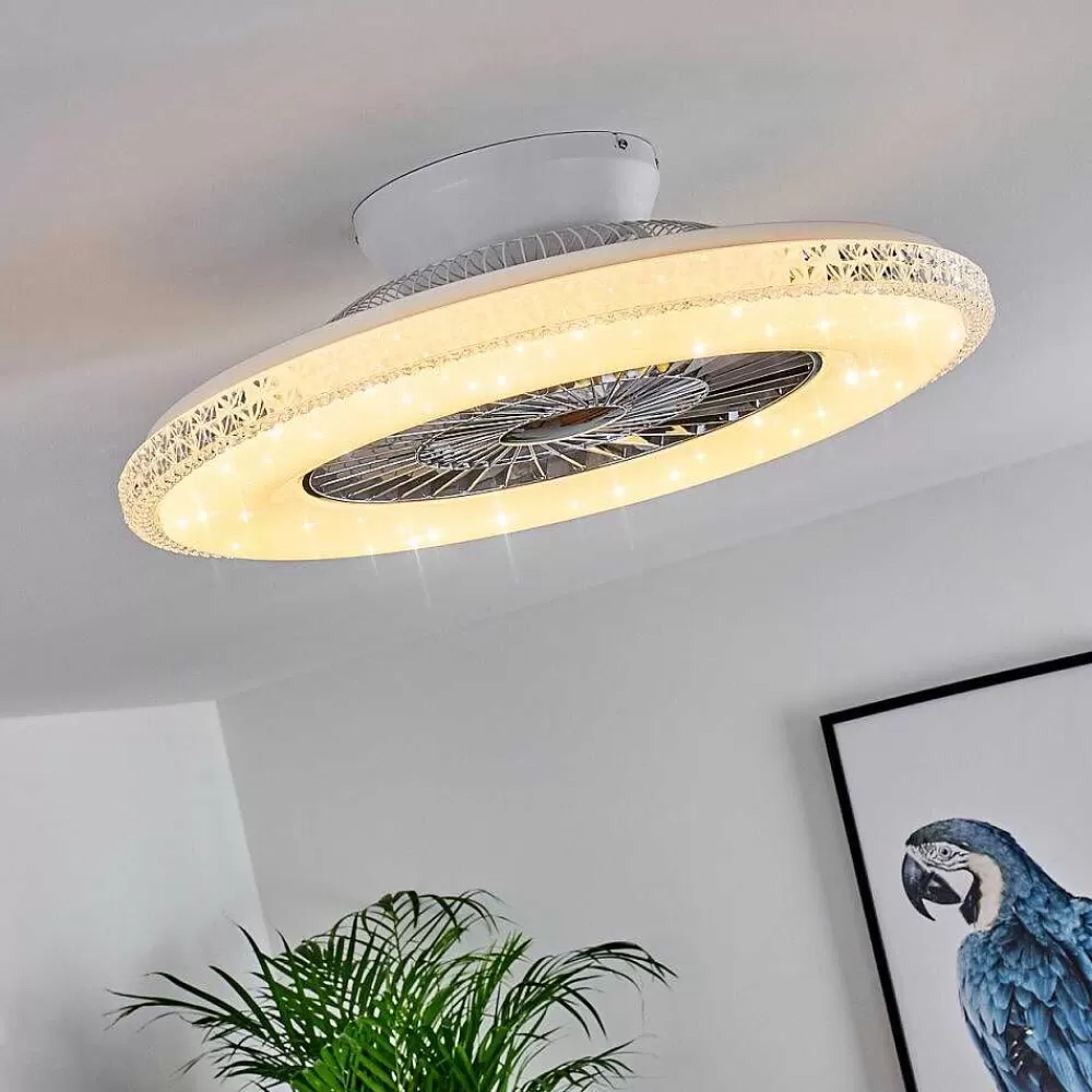 hofstein Ventilateur De Plafond Piacenza Led Chrome, Blanc, 1 Lumiere, Telecommandes