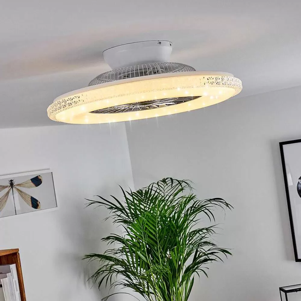 hofstein Ventilateur De Plafond Piacenza Led Chrome, Blanc, 1 Lumiere, Telecommandes