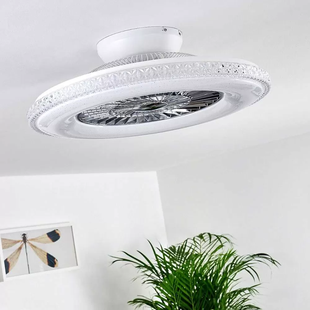 hofstein Ventilateur De Plafond Piacenza Led Chrome, Blanc, 1 Lumiere, Telecommandes