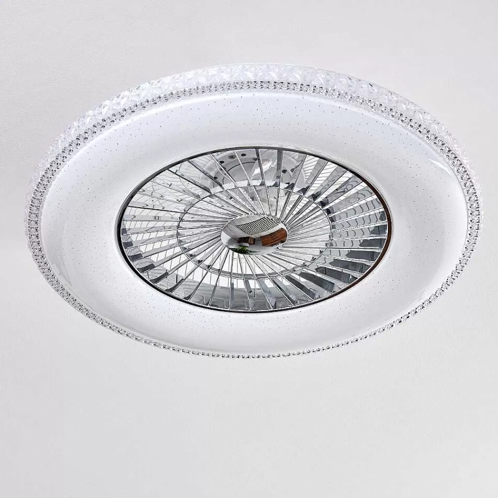 hofstein Ventilateur De Plafond Piacenza Led Chrome, Blanc, 1 Lumiere, Telecommandes