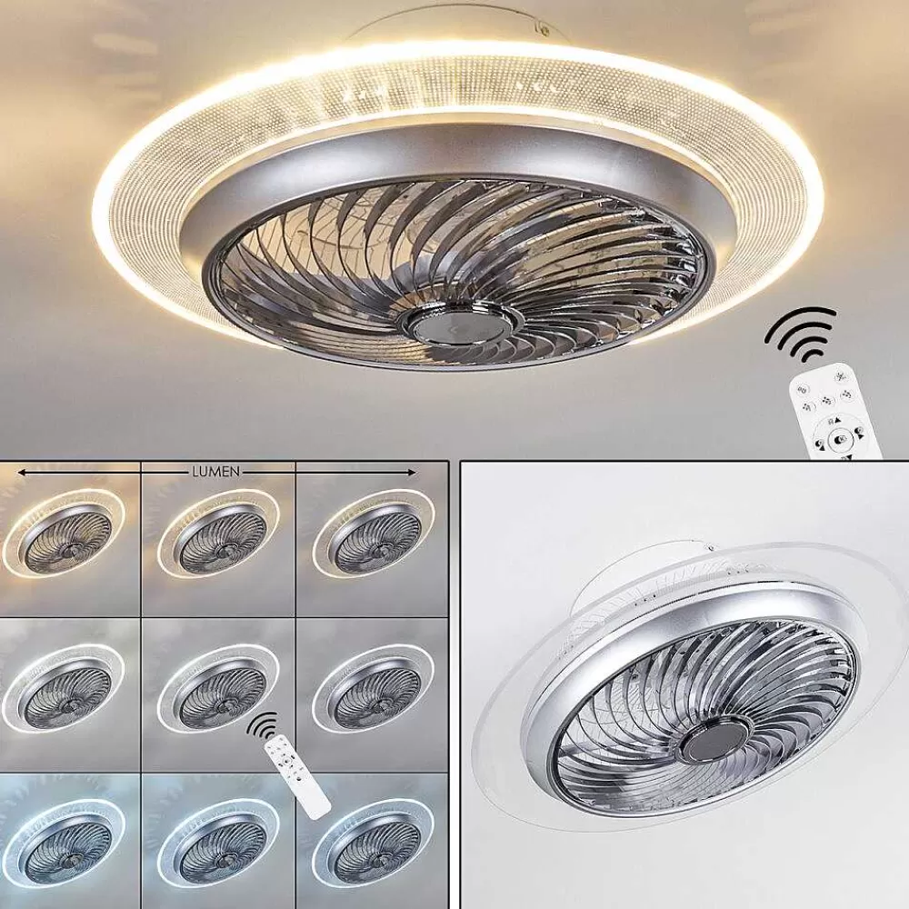 hofstein Ventilateur De Plafond Tamworth Led Argente, Transparent, 1 Lumiere, Telecommandes
