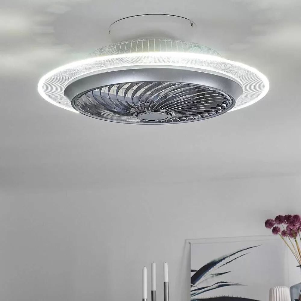hofstein Ventilateur De Plafond Tamworth Led Argente, Transparent, 1 Lumiere, Telecommandes