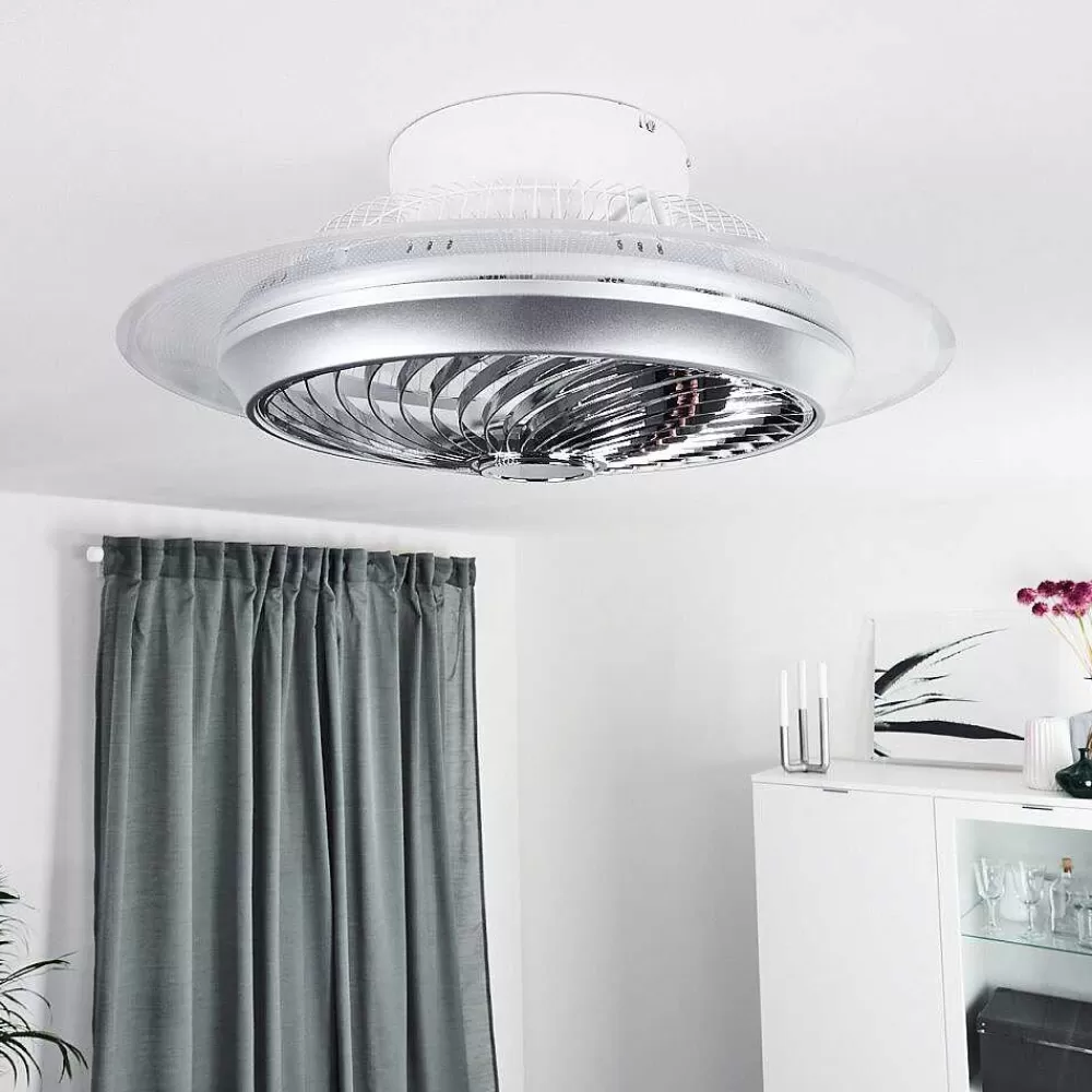 hofstein Ventilateur De Plafond Tamworth Led Argente, Transparent, 1 Lumiere, Telecommandes