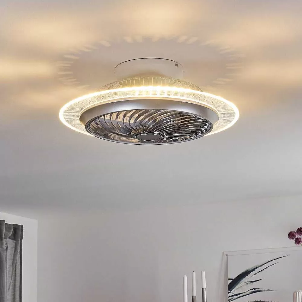 hofstein Ventilateur De Plafond Tamworth Led Argente, Transparent, 1 Lumiere, Telecommandes