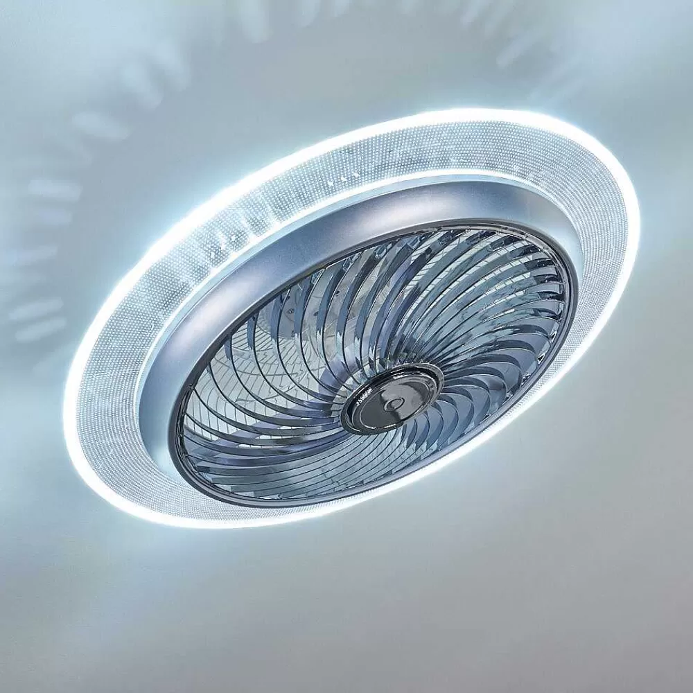 hofstein Ventilateur De Plafond Tamworth Led Argente, Transparent, 1 Lumiere, Telecommandes