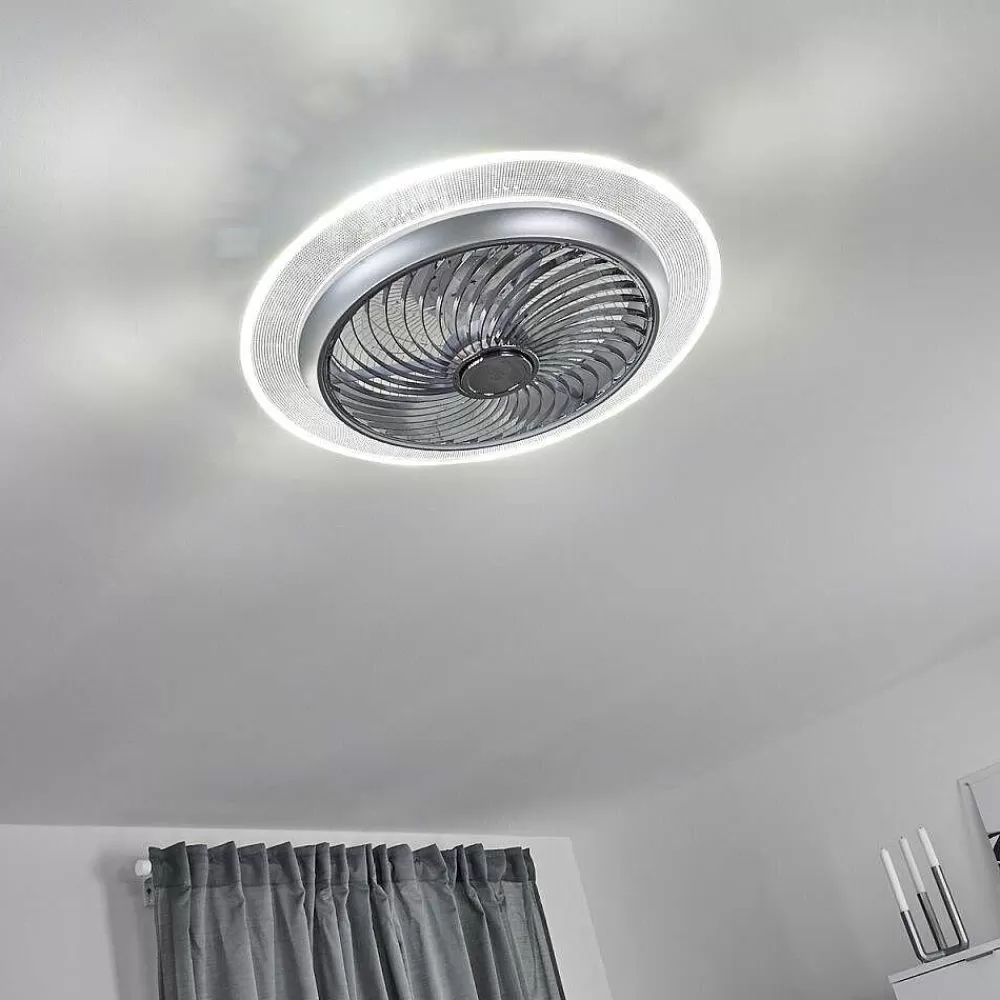 hofstein Ventilateur De Plafond Tamworth Led Argente, Transparent, 1 Lumiere, Telecommandes