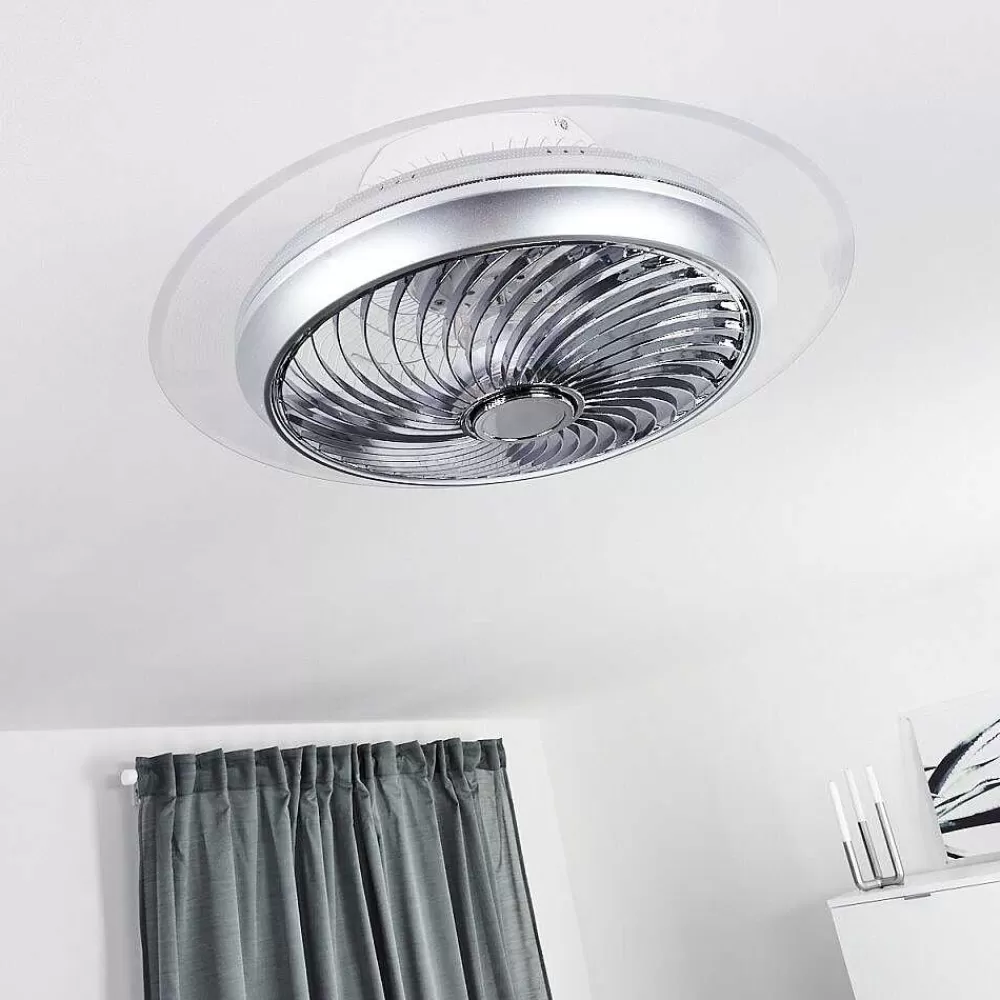 hofstein Ventilateur De Plafond Tamworth Led Argente, Transparent, 1 Lumiere, Telecommandes