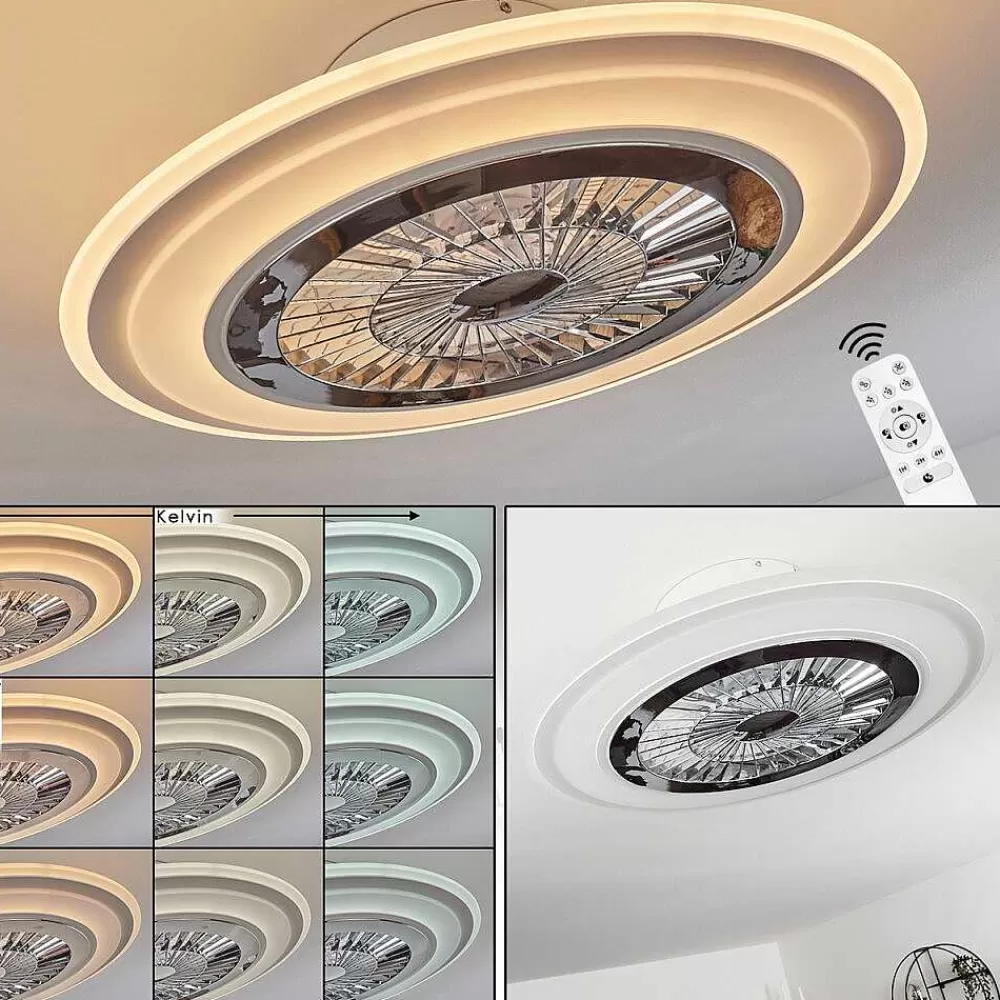 hofstein Ventilateur De Plafond Terradura Led Chrome, Blanc, 1 Lumiere, Telecommandes