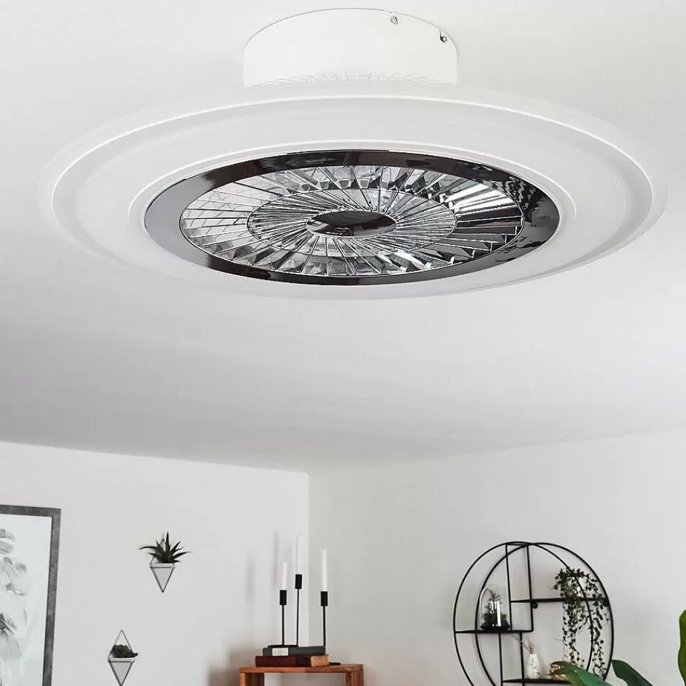 hofstein Ventilateur De Plafond Terradura Led Chrome, Blanc, 1 Lumiere, Telecommandes