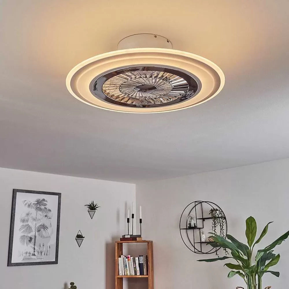 hofstein Ventilateur De Plafond Terradura Led Chrome, Blanc, 1 Lumiere, Telecommandes