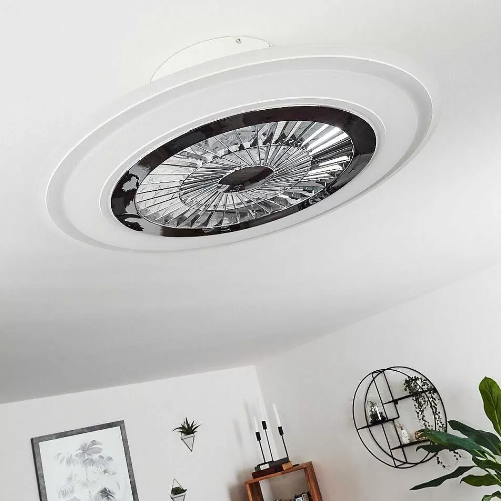 hofstein Ventilateur De Plafond Terradura Led Chrome, Blanc, 1 Lumiere, Telecommandes