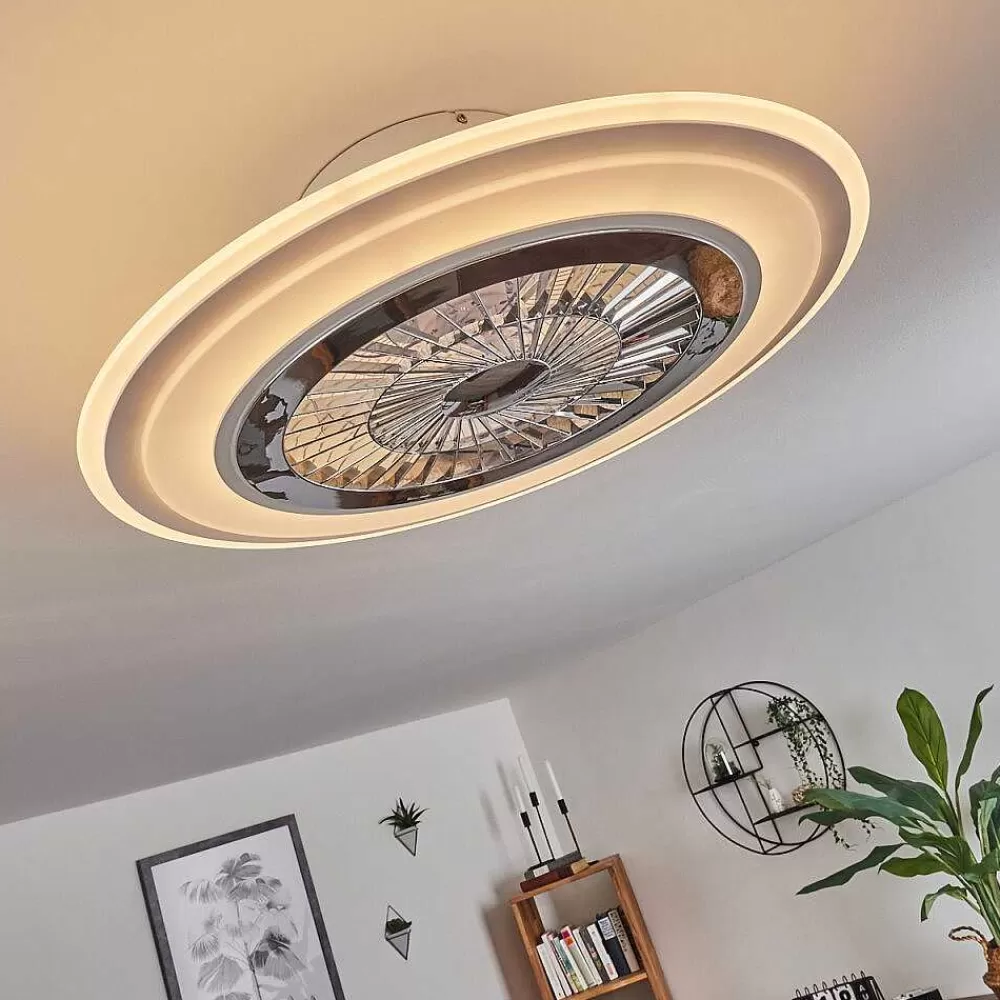 hofstein Ventilateur De Plafond Terradura Led Chrome, Blanc, 1 Lumiere, Telecommandes