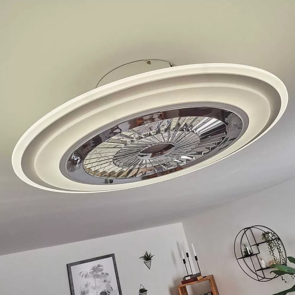 hofstein Ventilateur De Plafond Terradura Led Chrome, Blanc, 1 Lumiere, Telecommandes