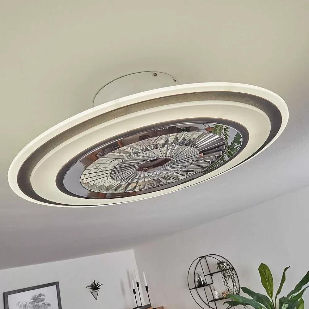 hofstein Ventilateur De Plafond Terradura Led Chrome, Noir, Blanc, 1 Lumiere, Telecommandes